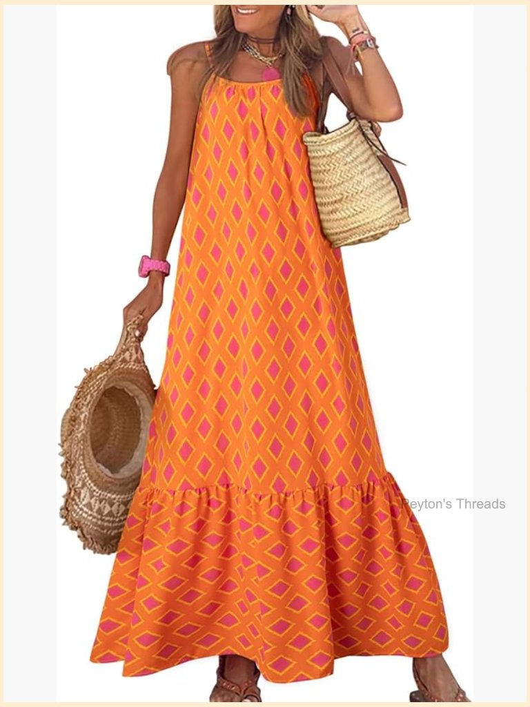 Spaghetti Strap Smocked Ruffle Flowy Boho Maxi Dress